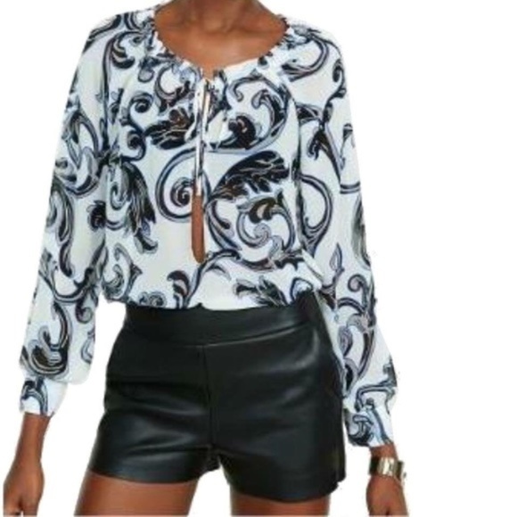 EXPRESS Tie Neck Sheer Blouse Bodysuit Deep V Neck - Picture 1 of 7